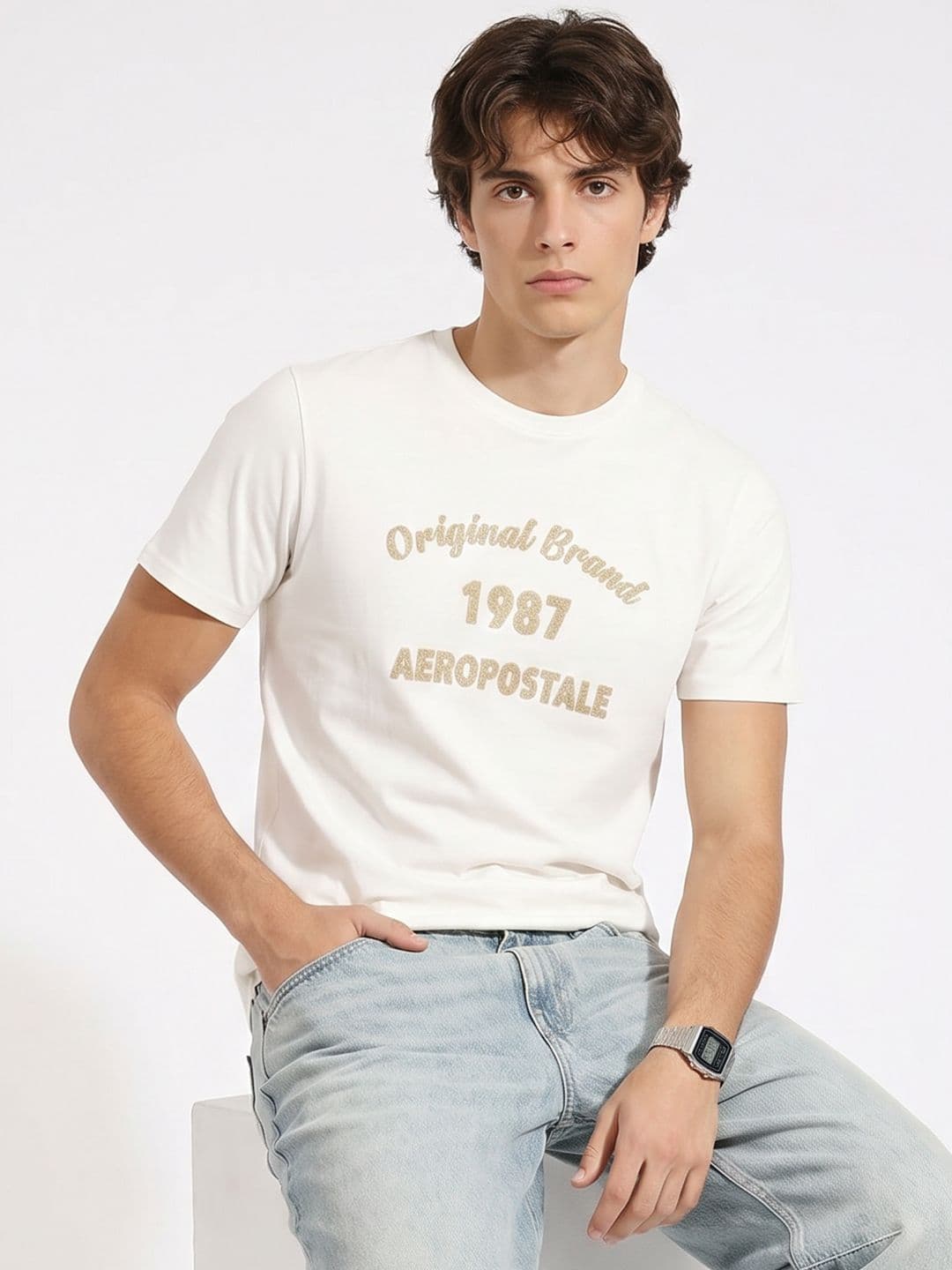 Aeropostale Brand Logo Embroidered Pure Cotton T-Shirt - view 1
