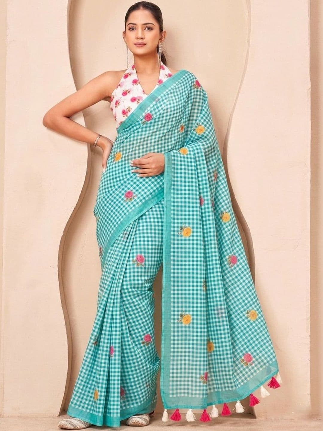 SANJANA SILK SANJANA SILK Floral Checked Woven Design Border Saree - view 1