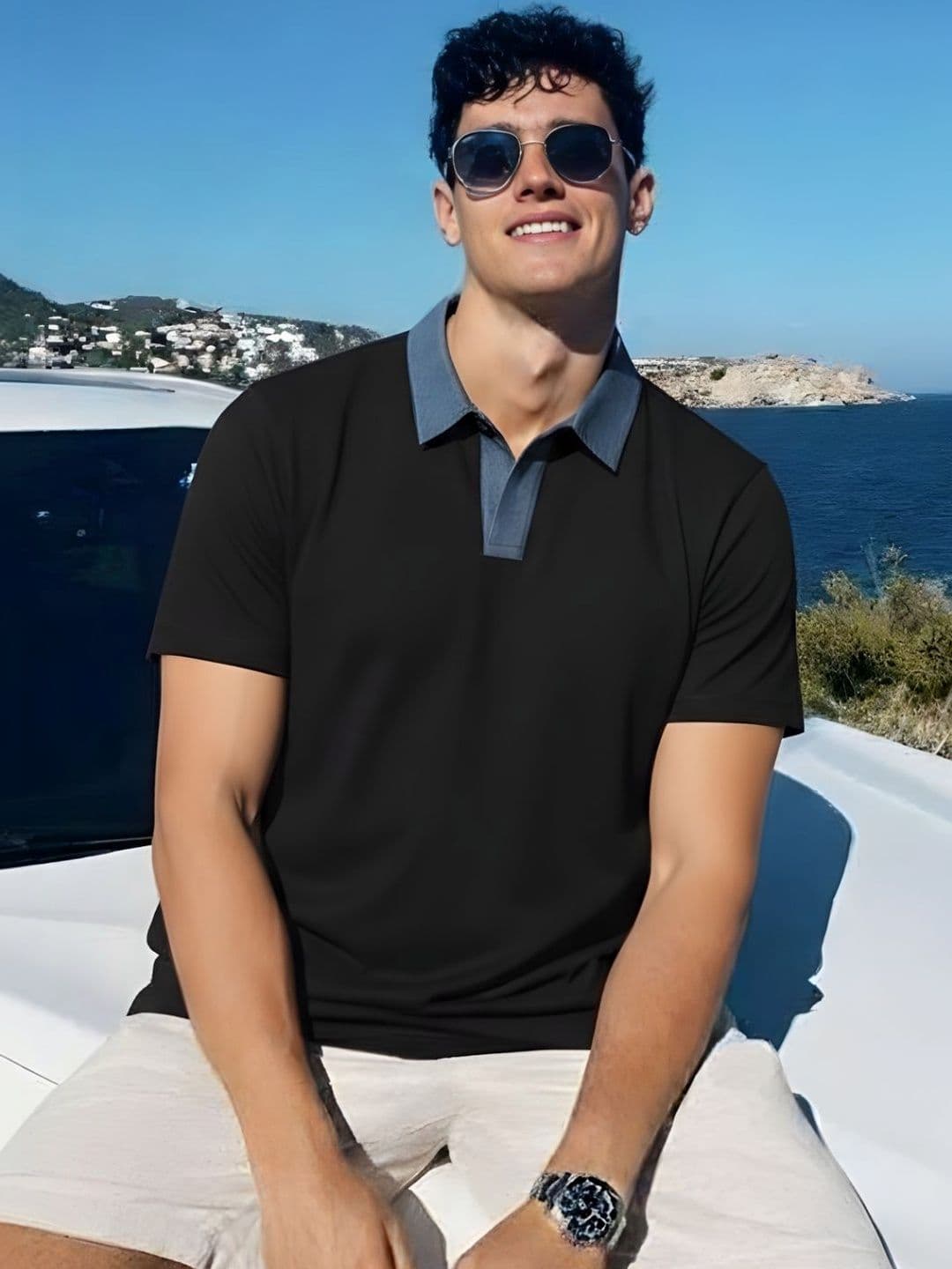 Rigo Men Black Solid Regular Fit Denim Collar Detail Half sleeve Polo T-Shirt - view 1