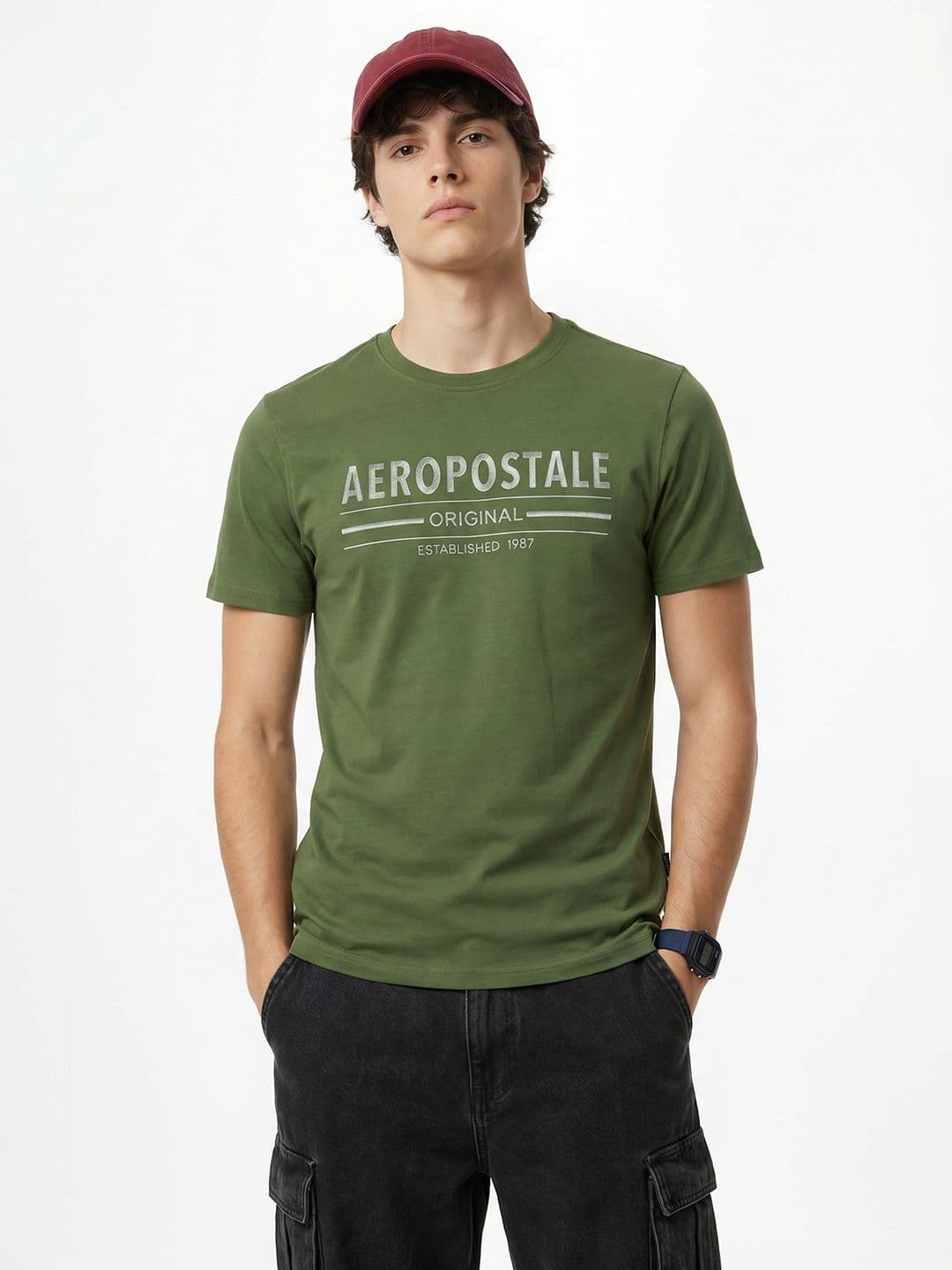 Aeropostale Brand Logo Embroidered Pure Cotton T-Shirt - view 1