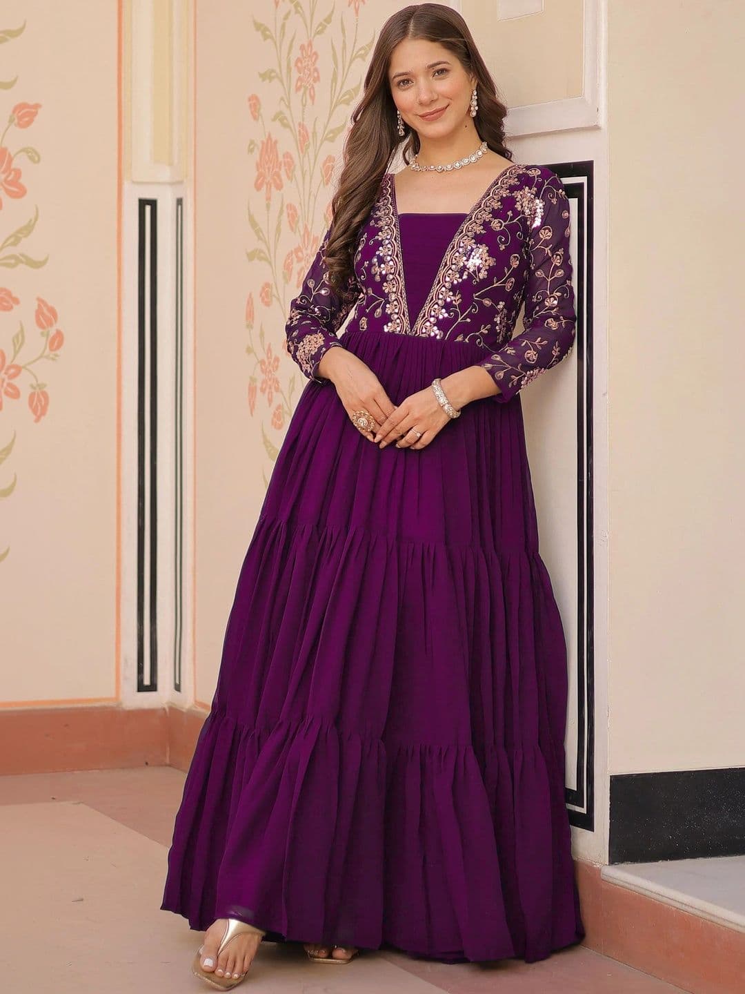LAZZLY Embroidered V-Neck Maxi Ethnic Dresses - view 1