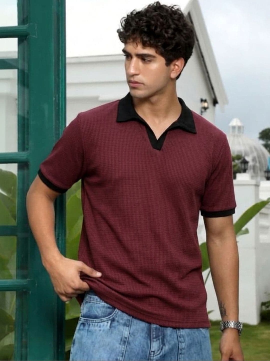 HERE&NOW Rigo Men Wine Self-Textured Waffle Contrast Collar Half Sleeve Polo T-Shirt - view 1