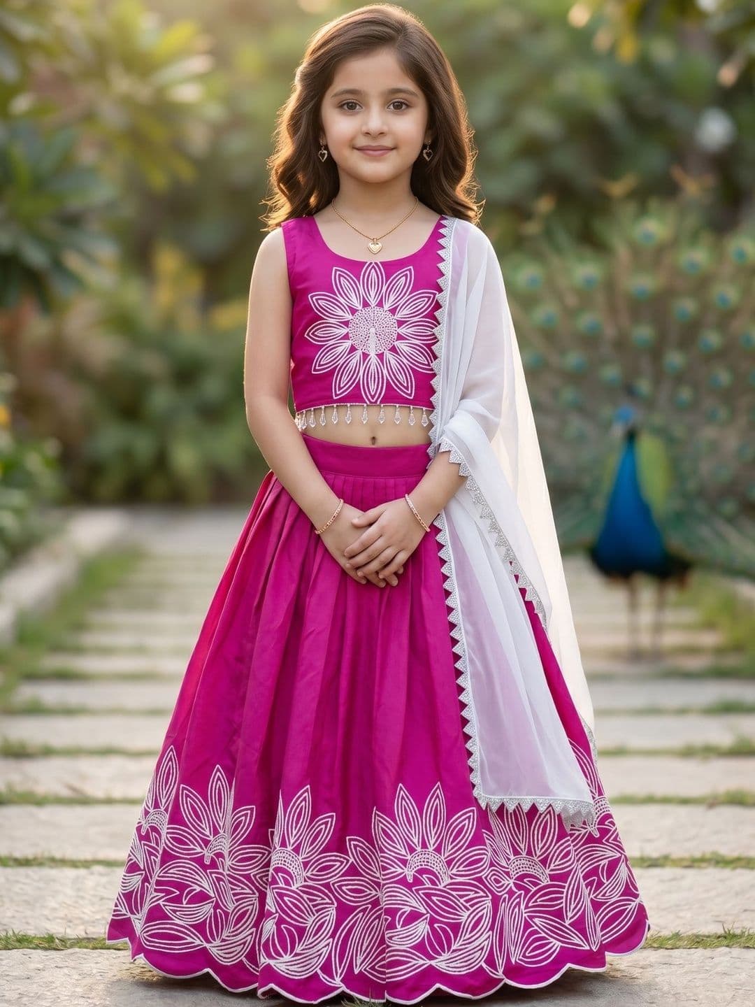 KALINI Girls Embroidered Thread Work Semi-Stitched Lehenga & Blouse With Dupatta - view 1