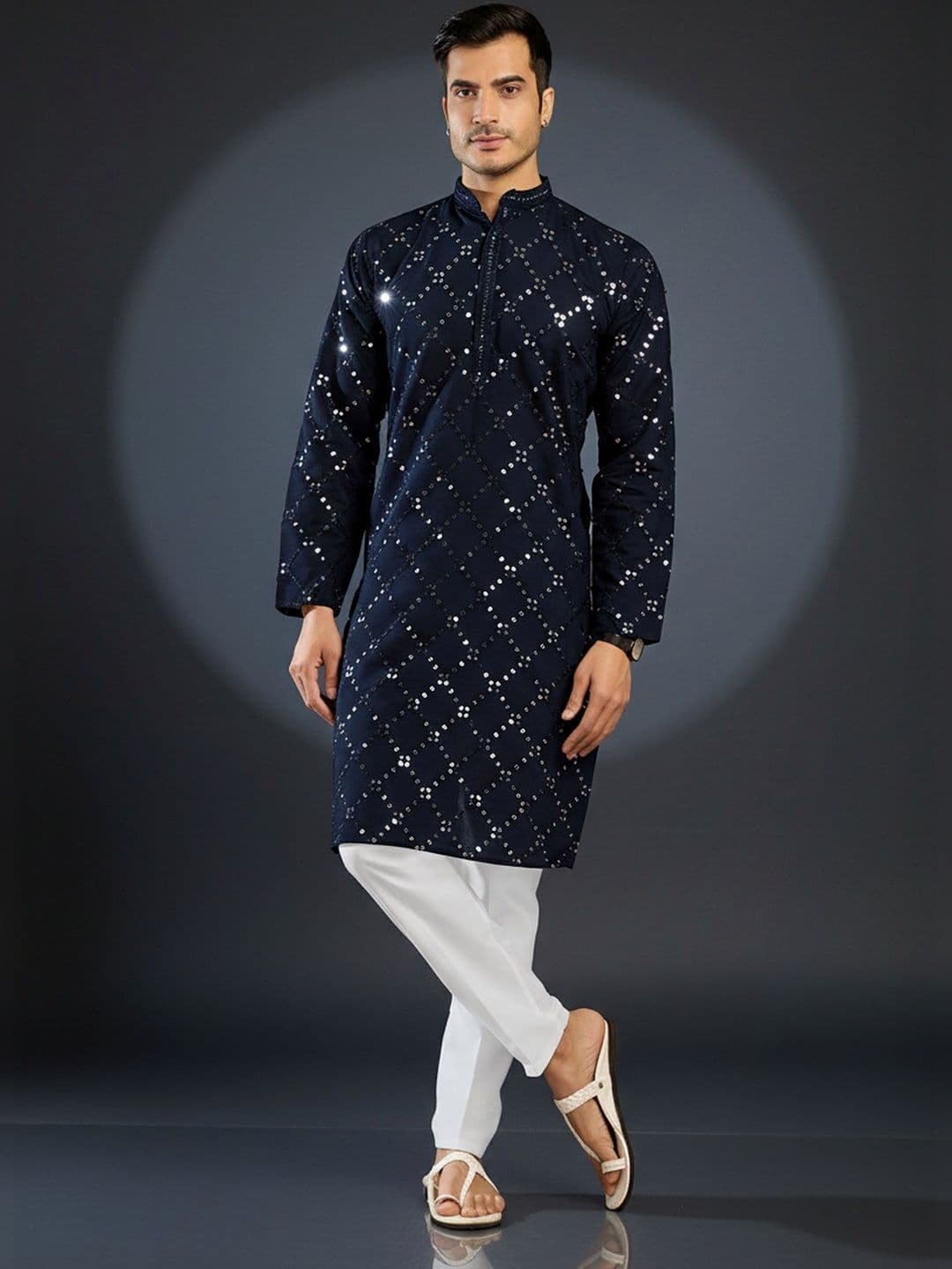 INDIROOP Men Embellished Mirror Work Kurta - view 1