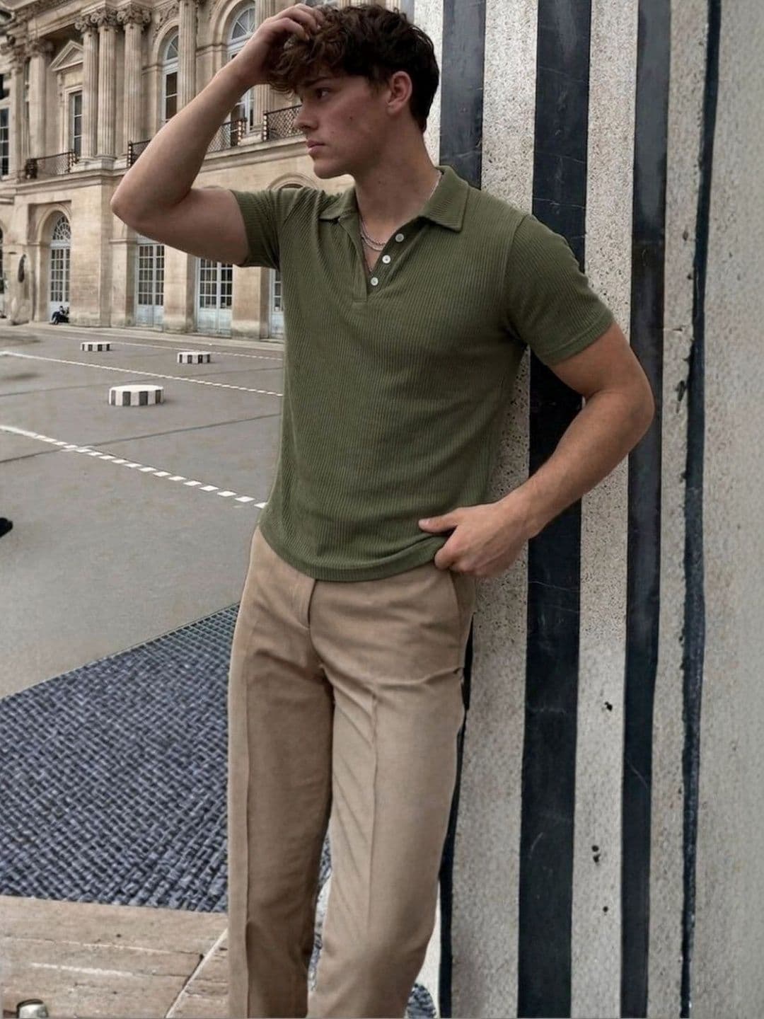 Mast & Harbour Rigo Men Army Green Self-Textured Polycorduroy Cut Away Collar Half Sleeve Polo T-Shirt - view 1