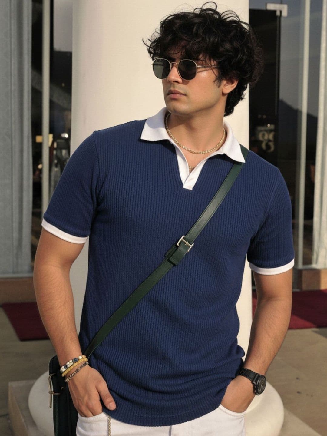 Mast & Harbour Rigo Men Navy Blue Self-Textured Waffle Contrast Collar Half Sleeve Polo T-Shirt - view 1