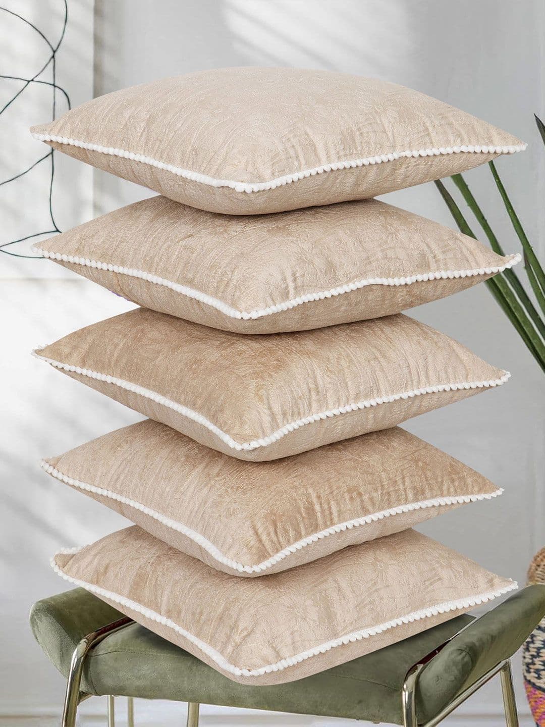 RD TREND Light-Beige Set of 5 Square Velvet Cushion Covers With Pom Pom 24x24 inch - view 1