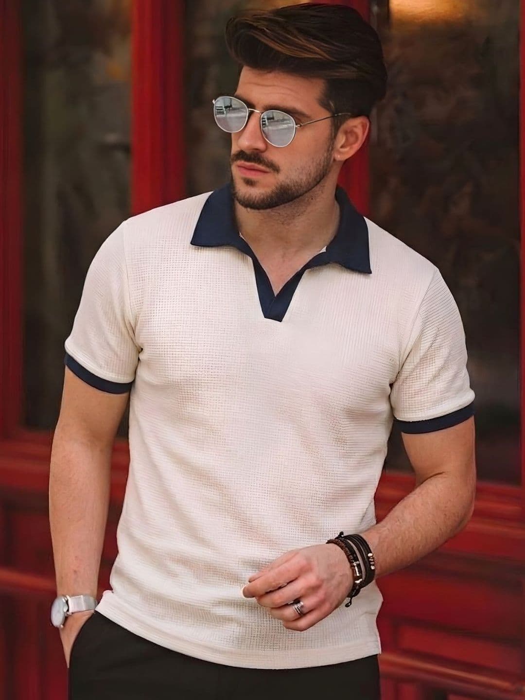 HERE&NOW Rigo Men Off-White Self-Textured Waffle Contrast Collar Half Sleeve Polo T-Shirt - view 1