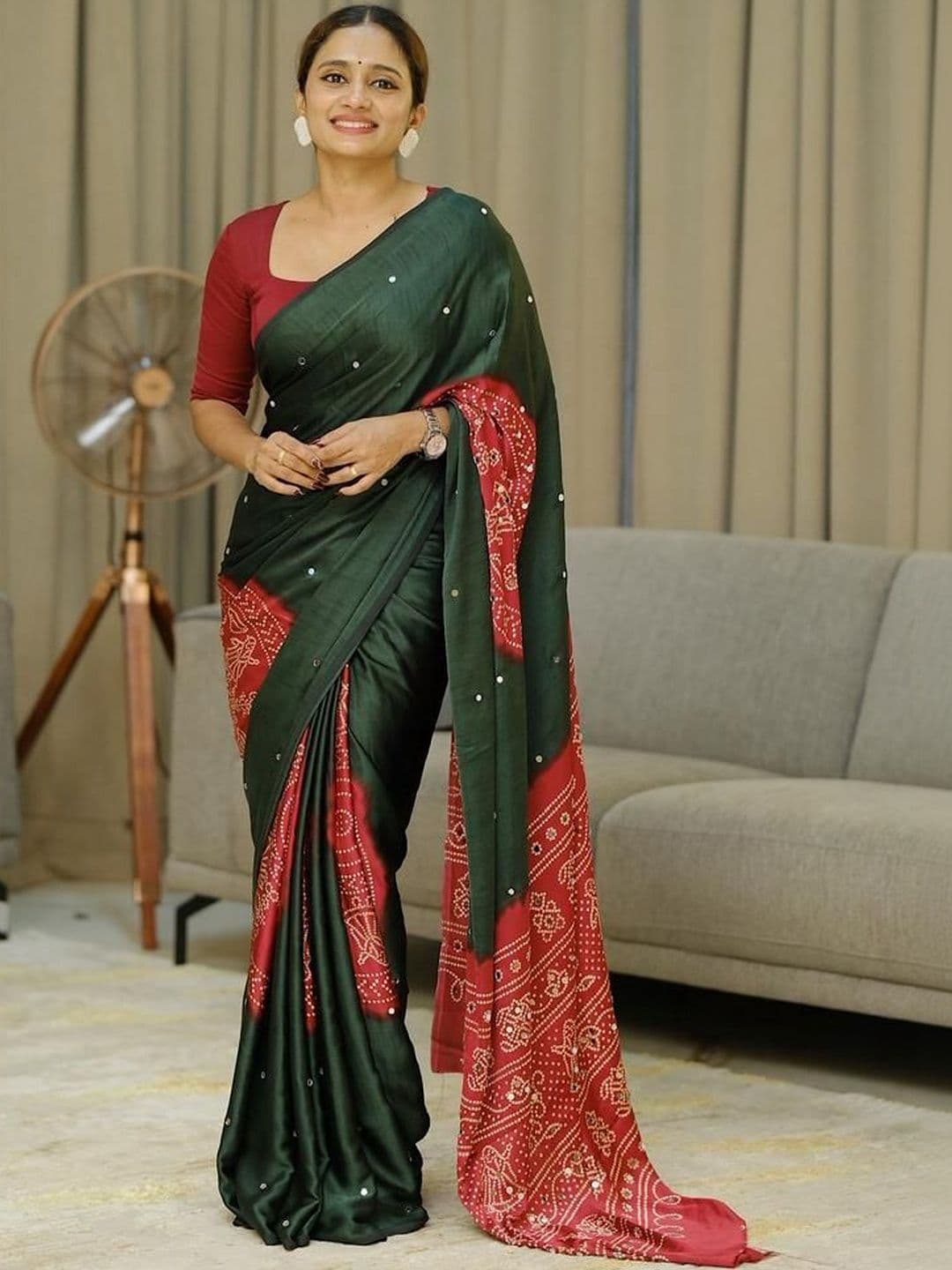 STAVA CREATION Ethnic Motifs Mirror Work Block Print Saree - view 1