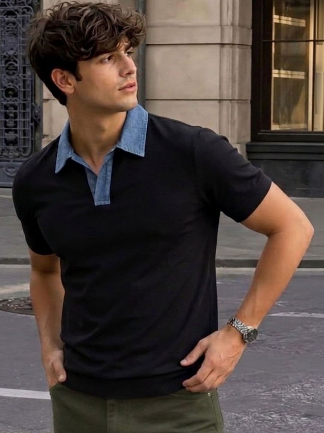 Mast & Harbour Rigo Men Black Solid Regular Fit Denim Collar Detail Half sleeve Polo T-Shirt - view 1