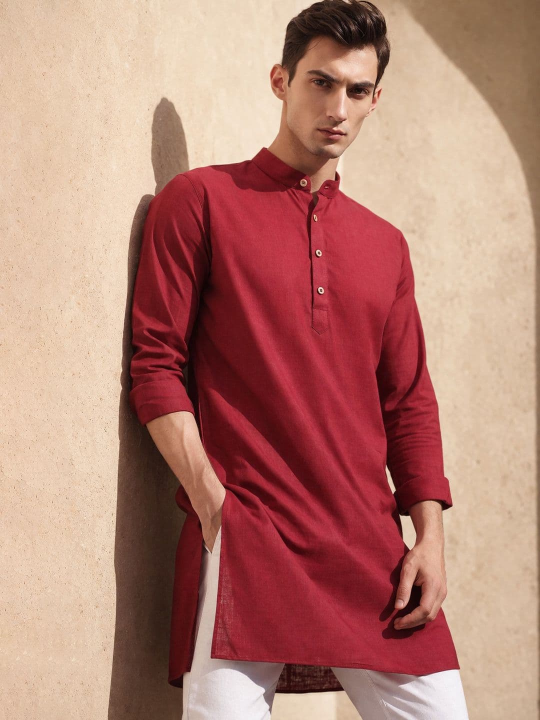 TATTVA Men Band Collar Straight Cotton Kurta - view 1