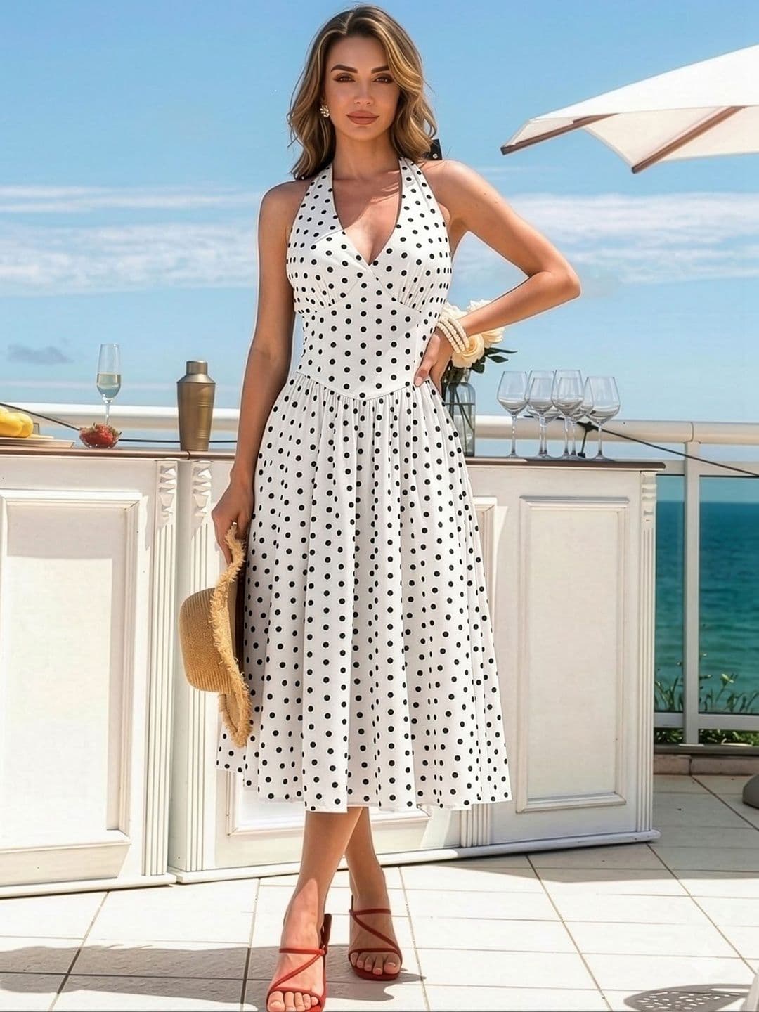 AAHWAN Polka Dot Print Halter Neck A-Line Midi Dress - view 1