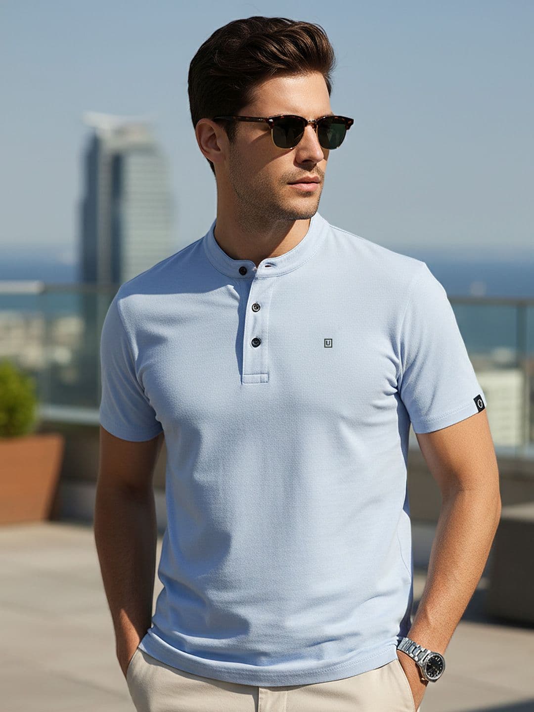Urbano Fashion Mandarin Collar Slim Fit Pure Cotton T-shirt - view 1