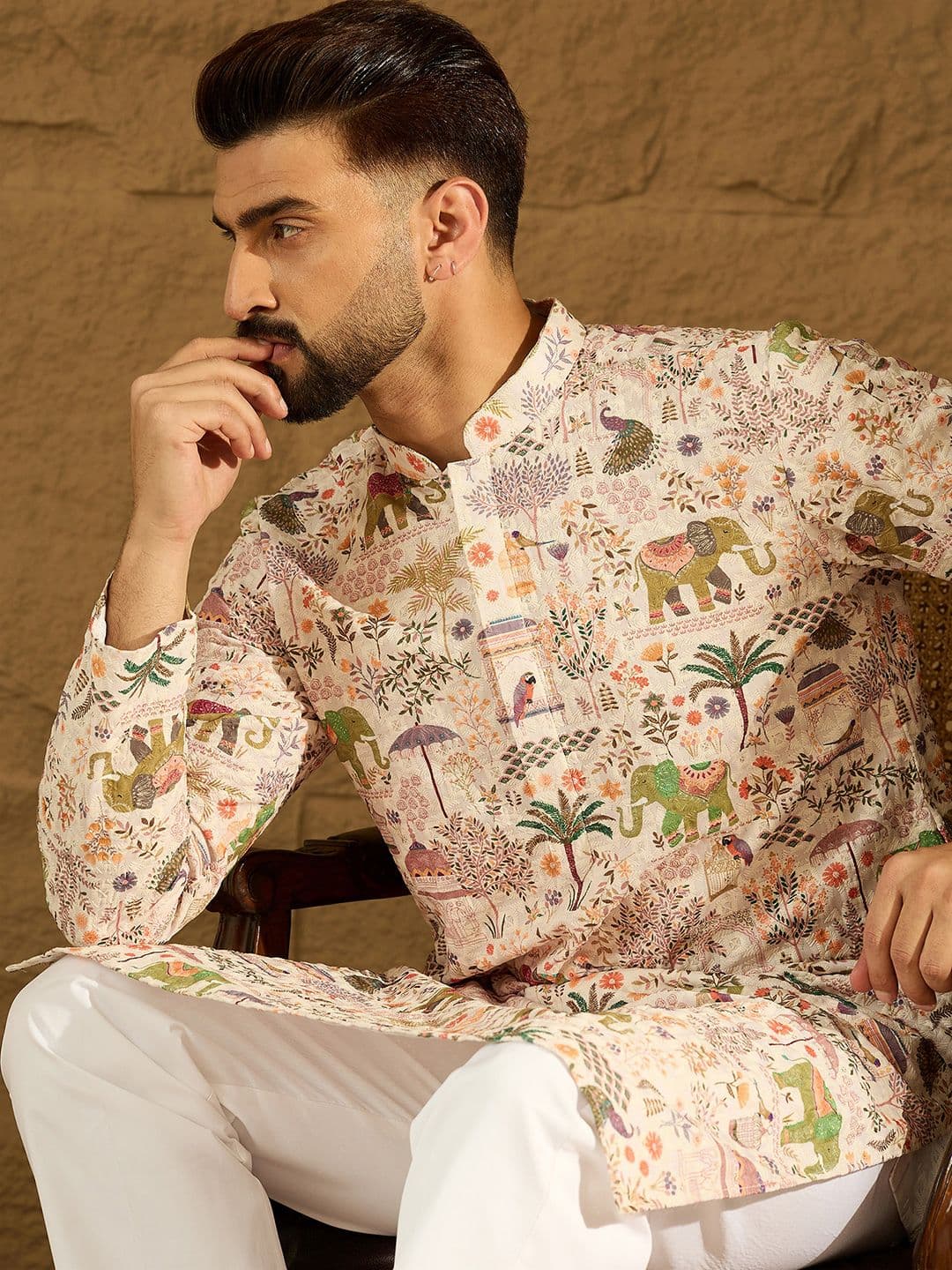 House of Pataudi Chikankari Printed Mandarin Collar Knee Length Straight Kurta - view 1