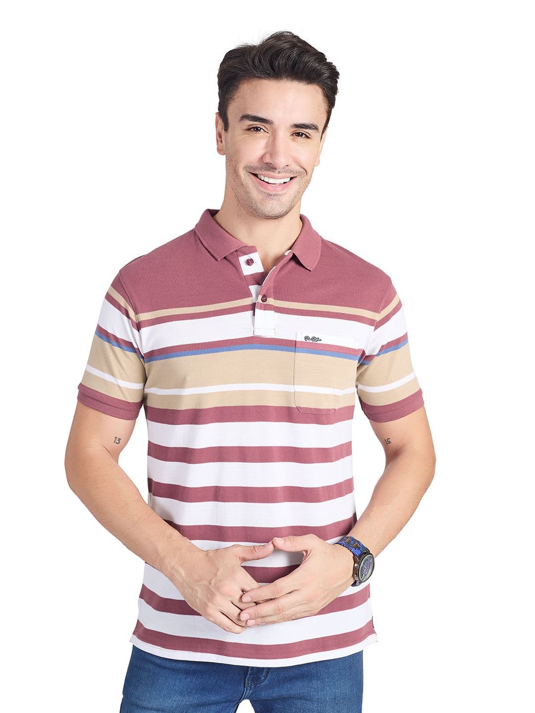 PRORIDERS Men Striped Polo Collar Pockets T-shirt - view 1