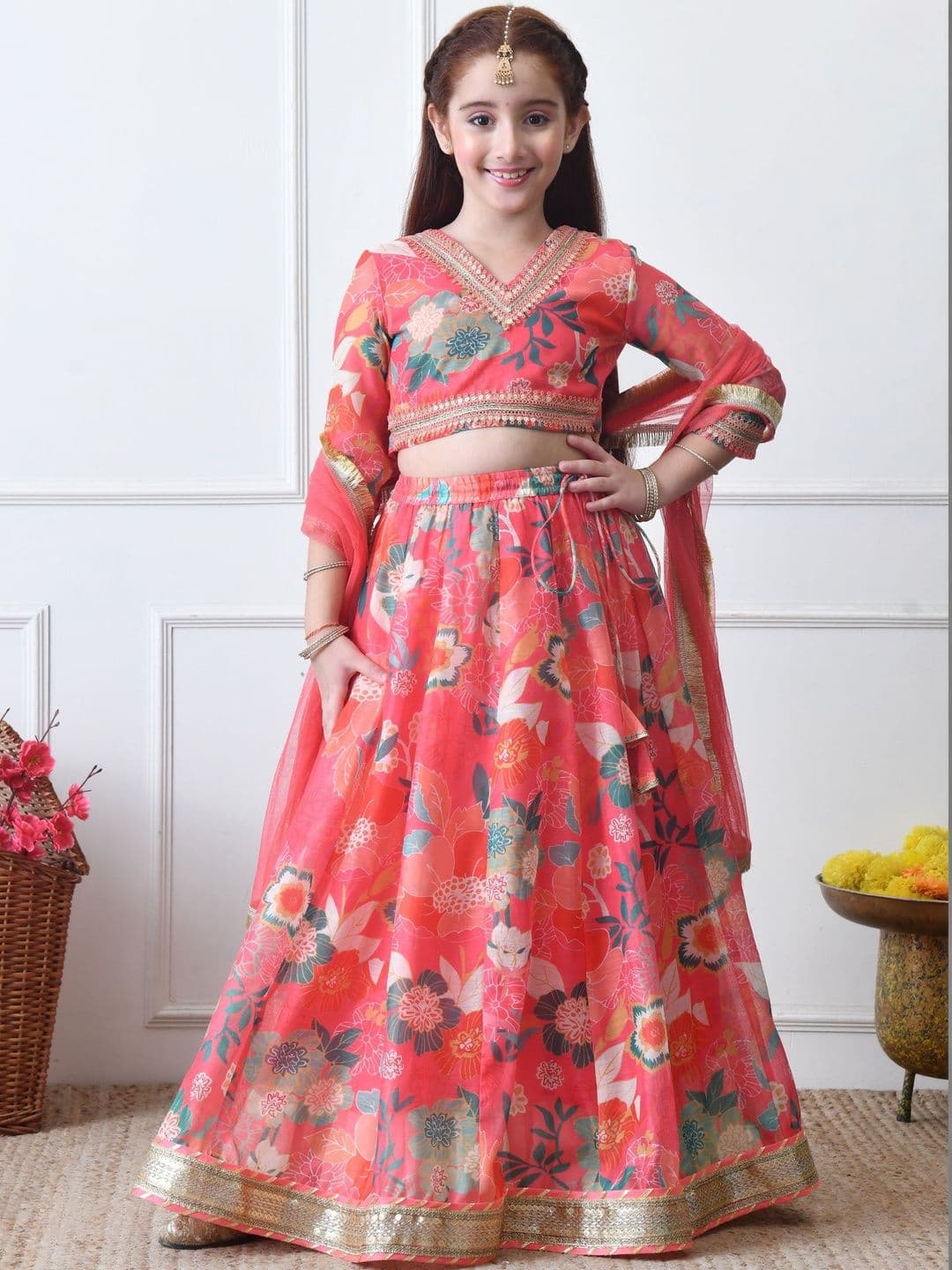 House of Pataudi Embellished V-Neck Lehenga With Choli & Dupatta - view 1
