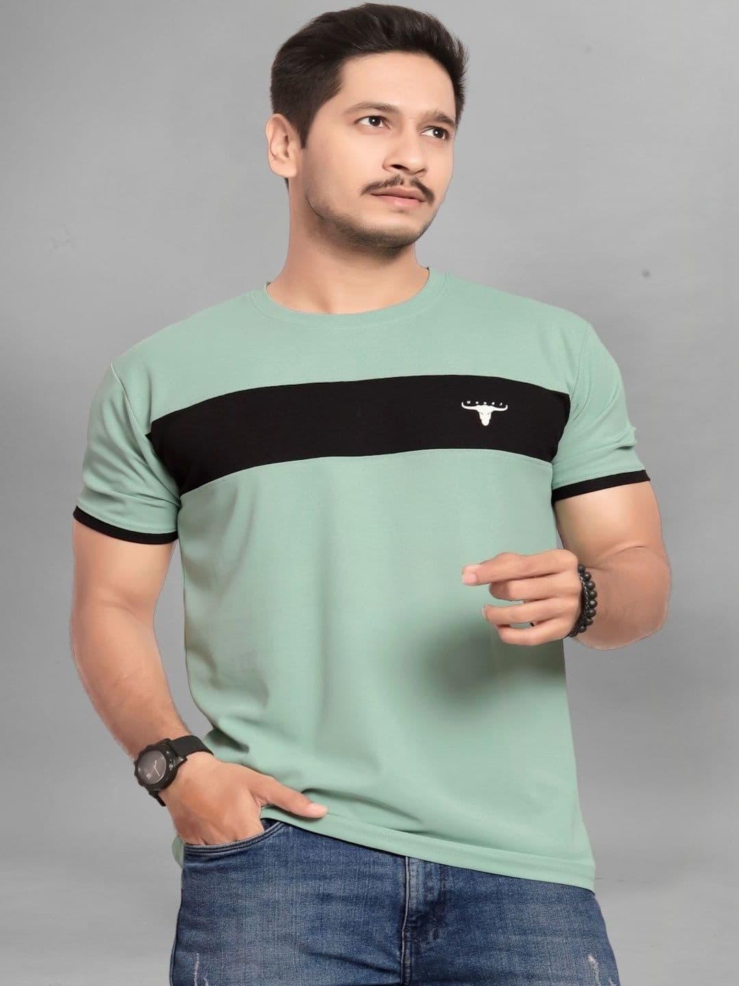 U and J Lime Green Colourblocked T-shirt - view 1