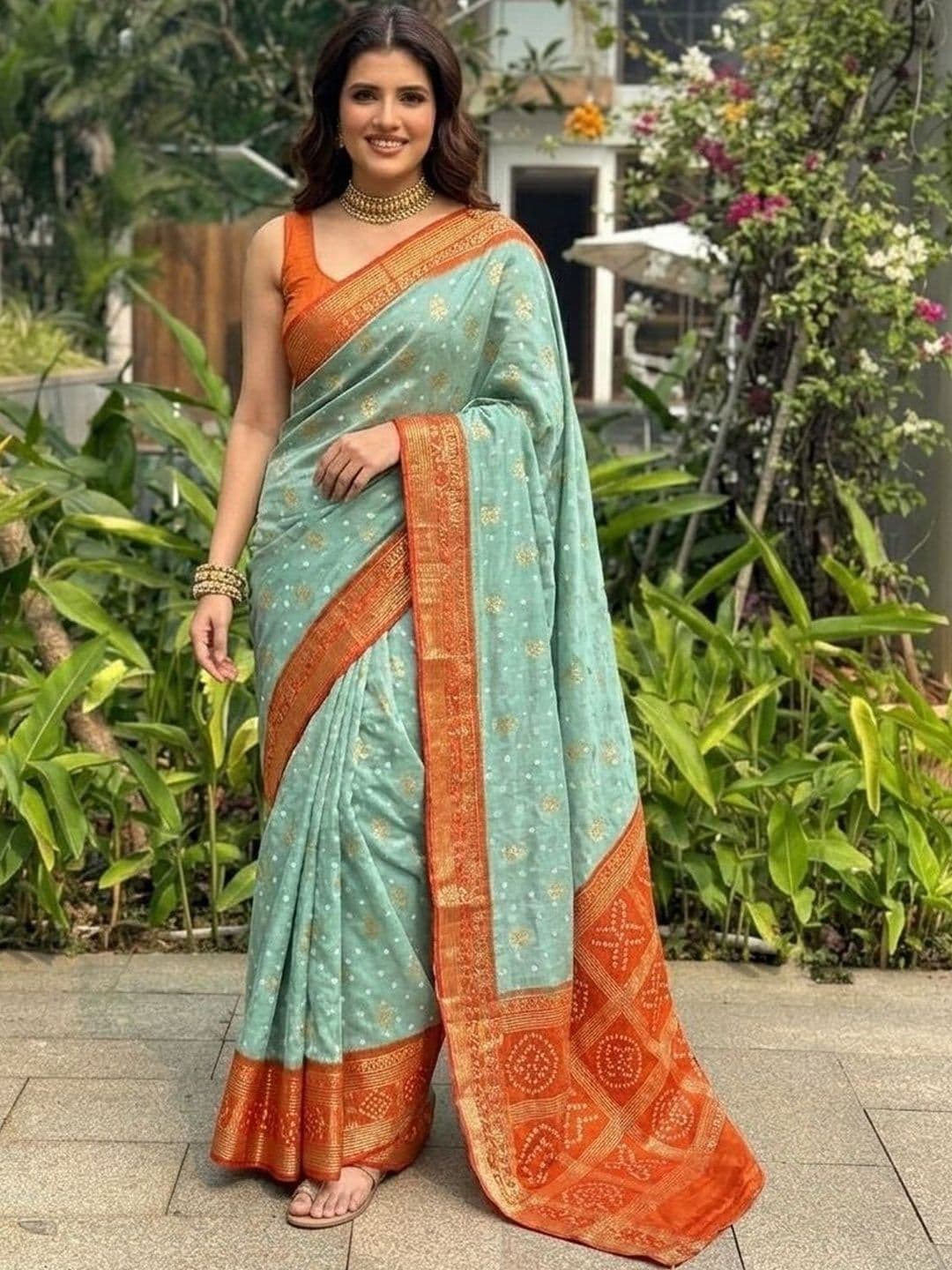 Kalista Ethnic Motifs Printed Zari Georgette Bandhani Saree - view 1
