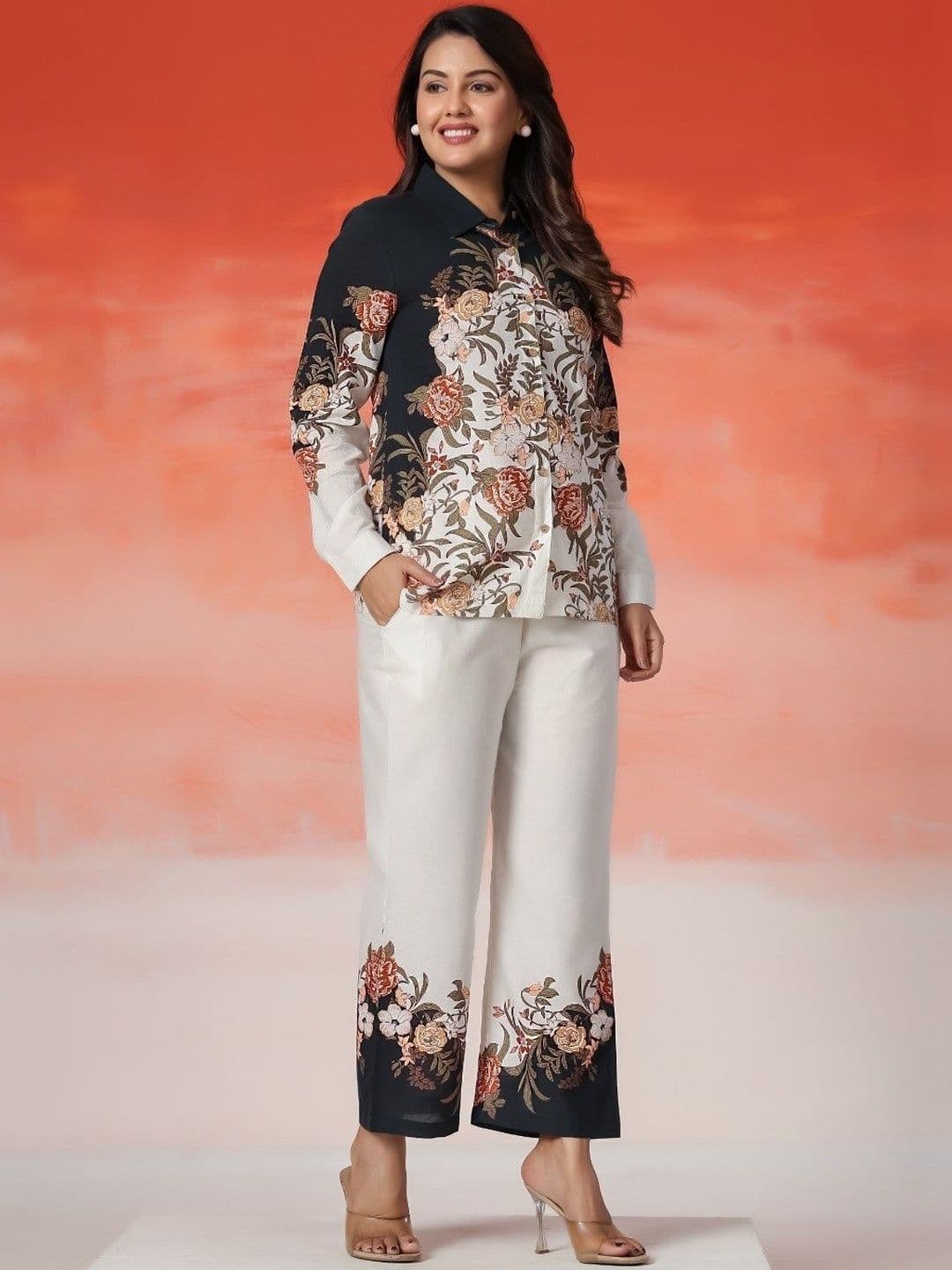 Sangria Floral Cotton Printed Shirt with Palazzos - view 1