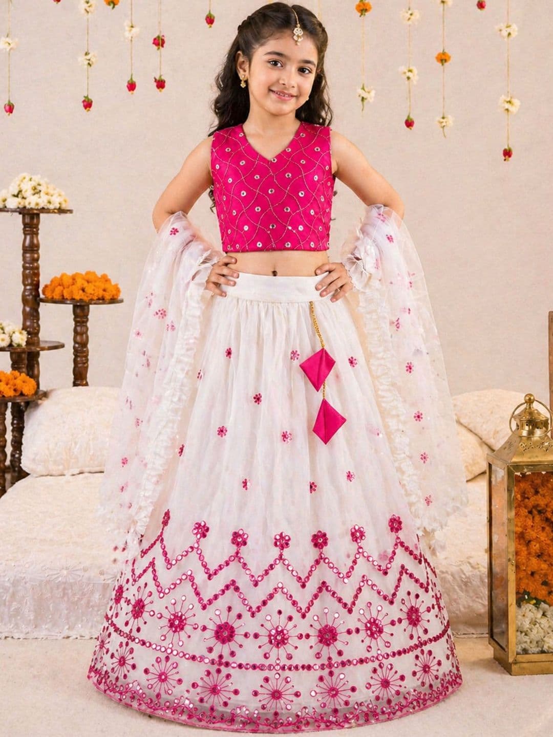 Sainur creation Girls Embellished Mirror Work Ready to Wear Lehenga & Blouse With Dupatta - view 1