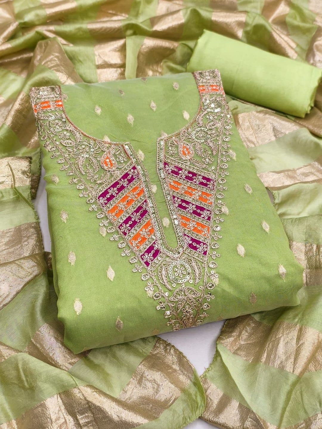 HMP Fashion Embroidered Organza Unstitched Dress Material - view 1