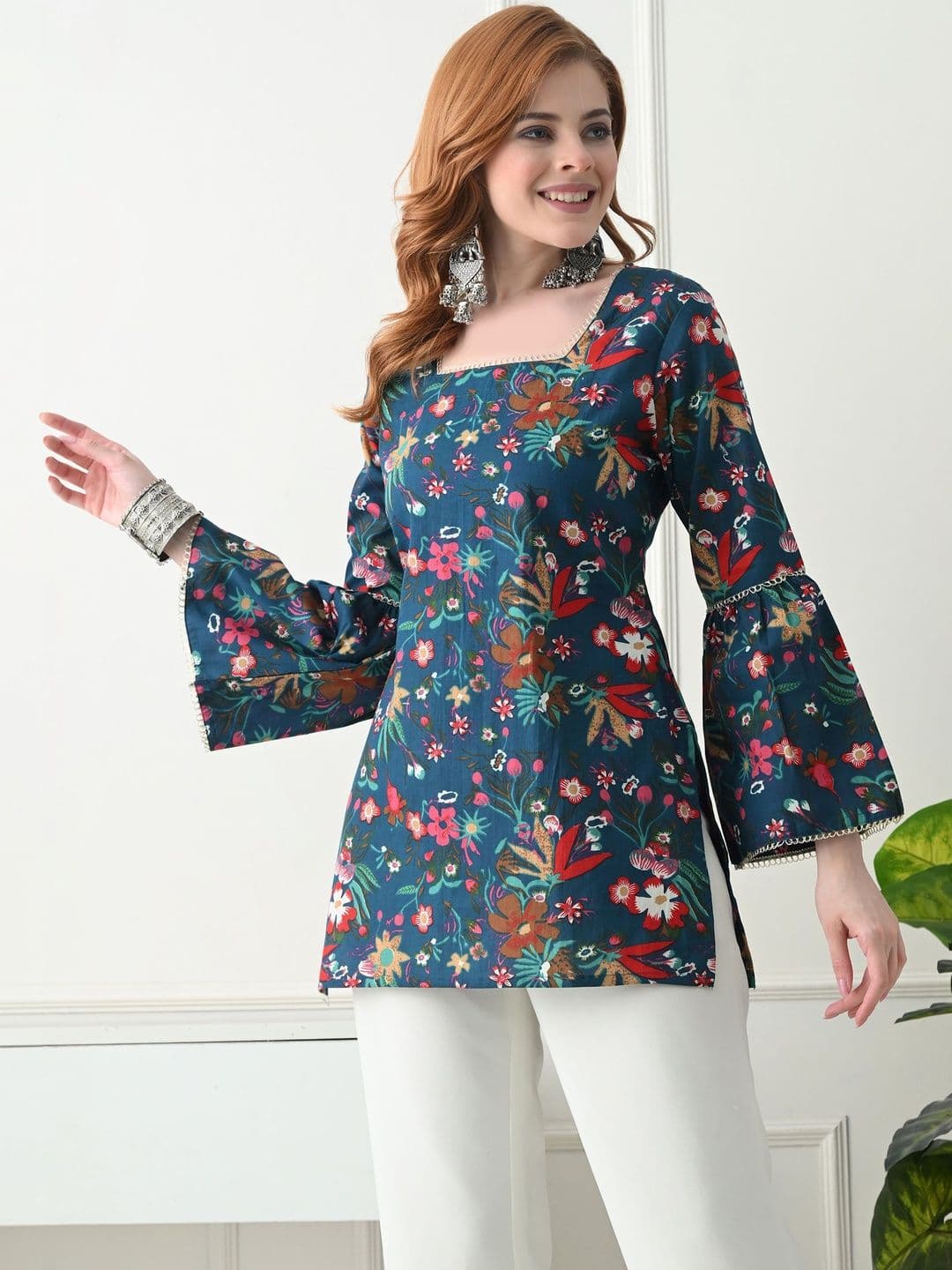 KJFAB Floral Printed Square Neck Flared Sleeves Pure Cotton Kurti - view 1