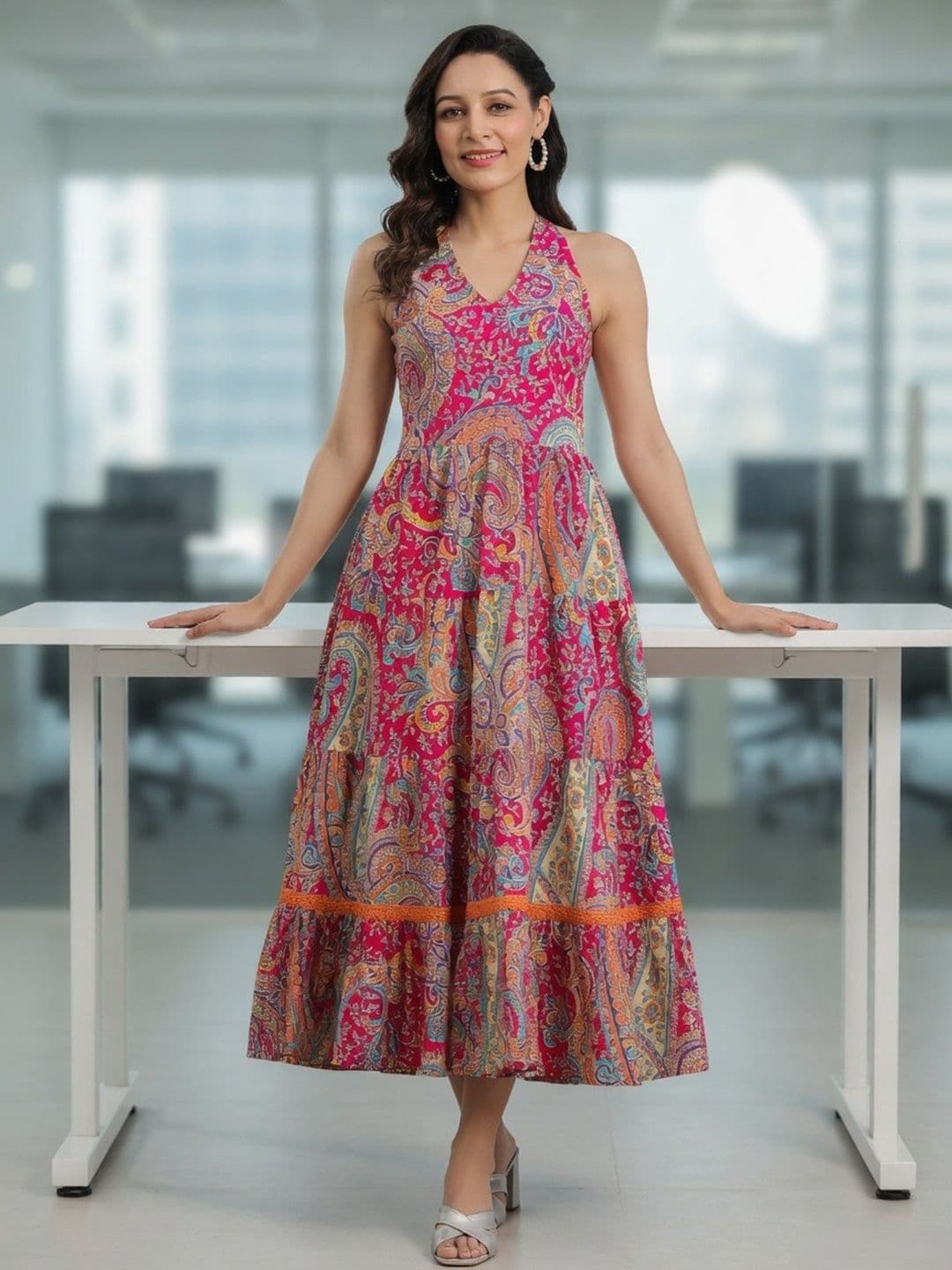 Rain & Rainbow Ethnic Motifs Printed Maxi Fit & Flare Tiered Pure Cotton Ethnic Dress - view 1