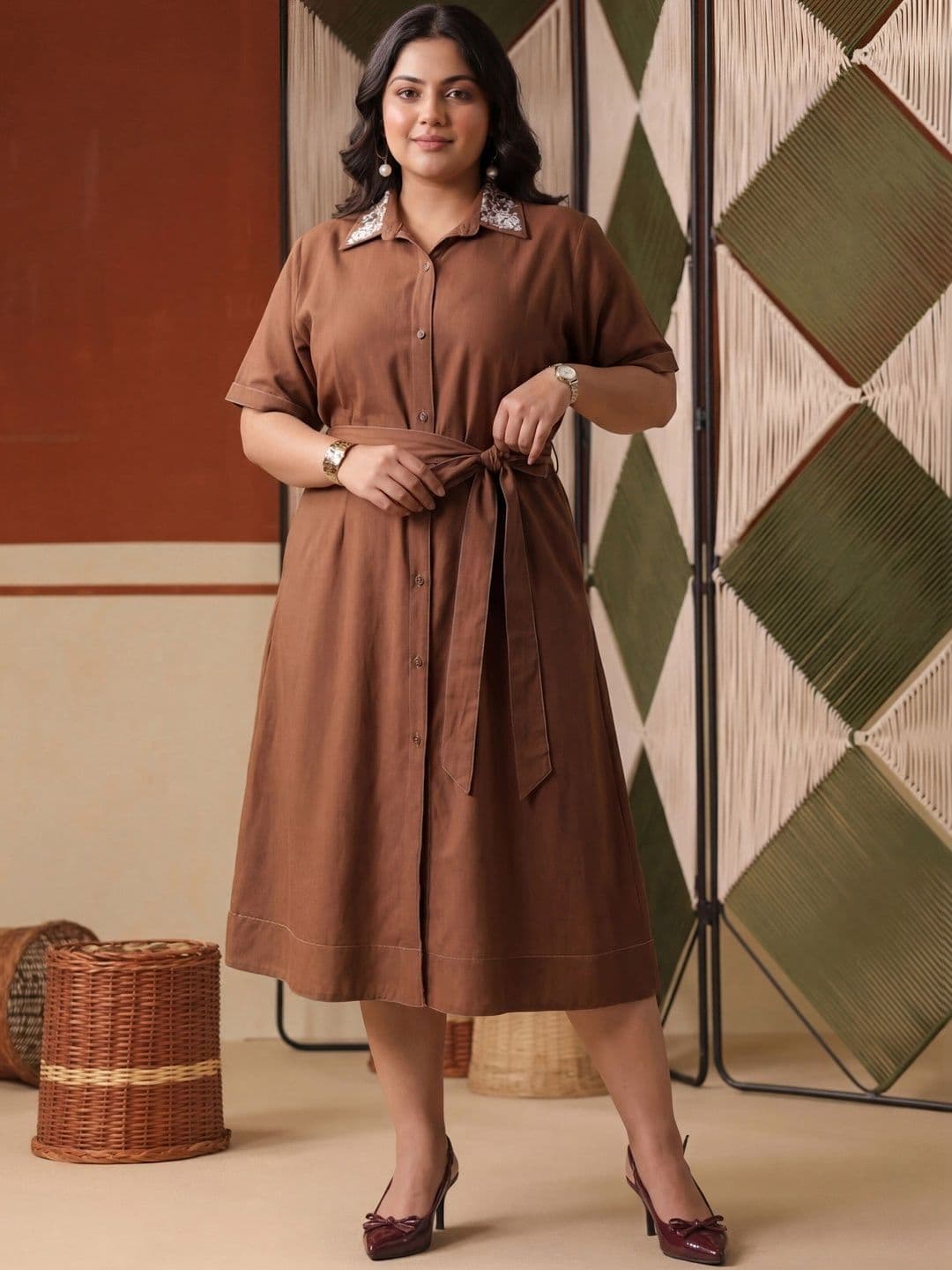 SCAKHI Plus Size Women Brown Embroidered Collar Midi Dress - view 1