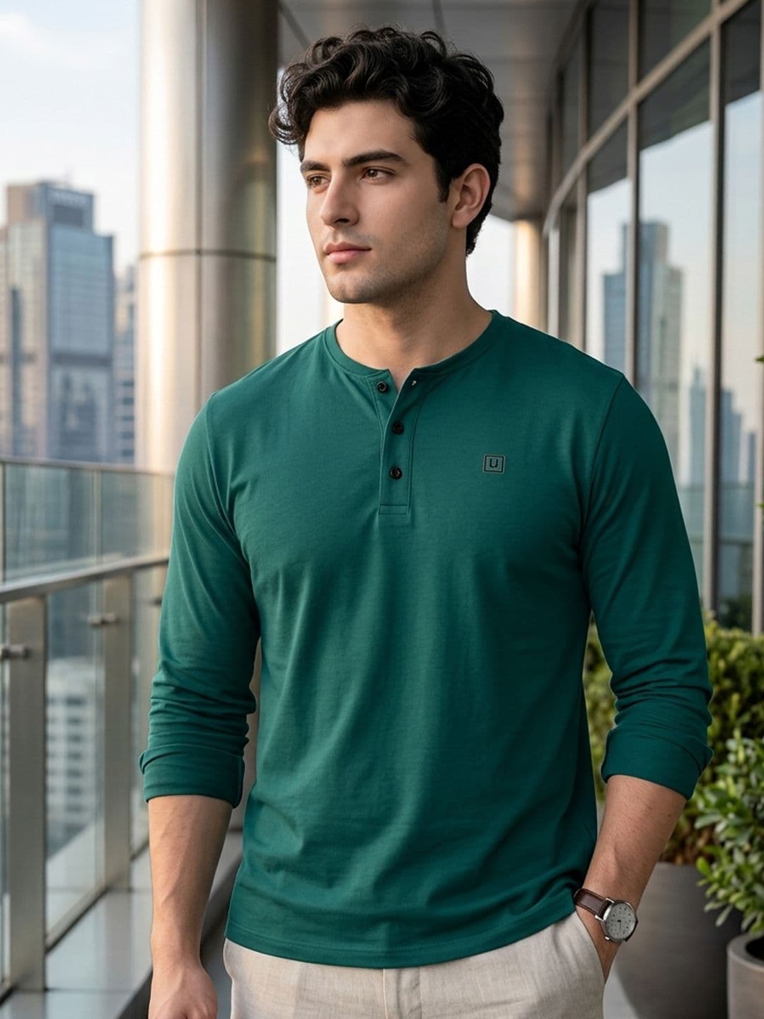 Urbano Fashion Men Green Solid Henley Neck Pure Cotton Slim Fit T-shirt - view 1