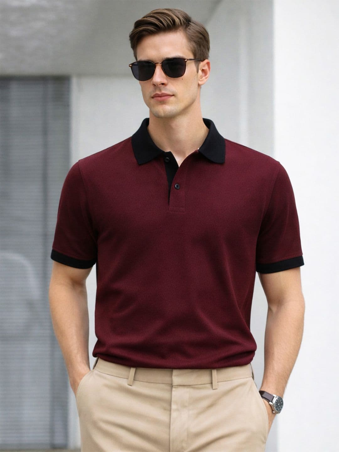 VEIRDO Men Maroon Solid Regular Fit Pure Cotton Polo T-Shirt - view 1