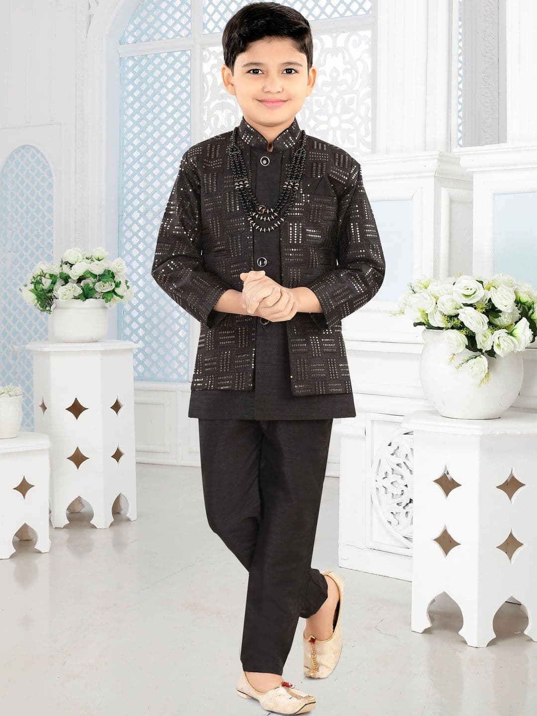 joley poley Boys Sequin Embellished Mandarin Collar Sherwani - view 1