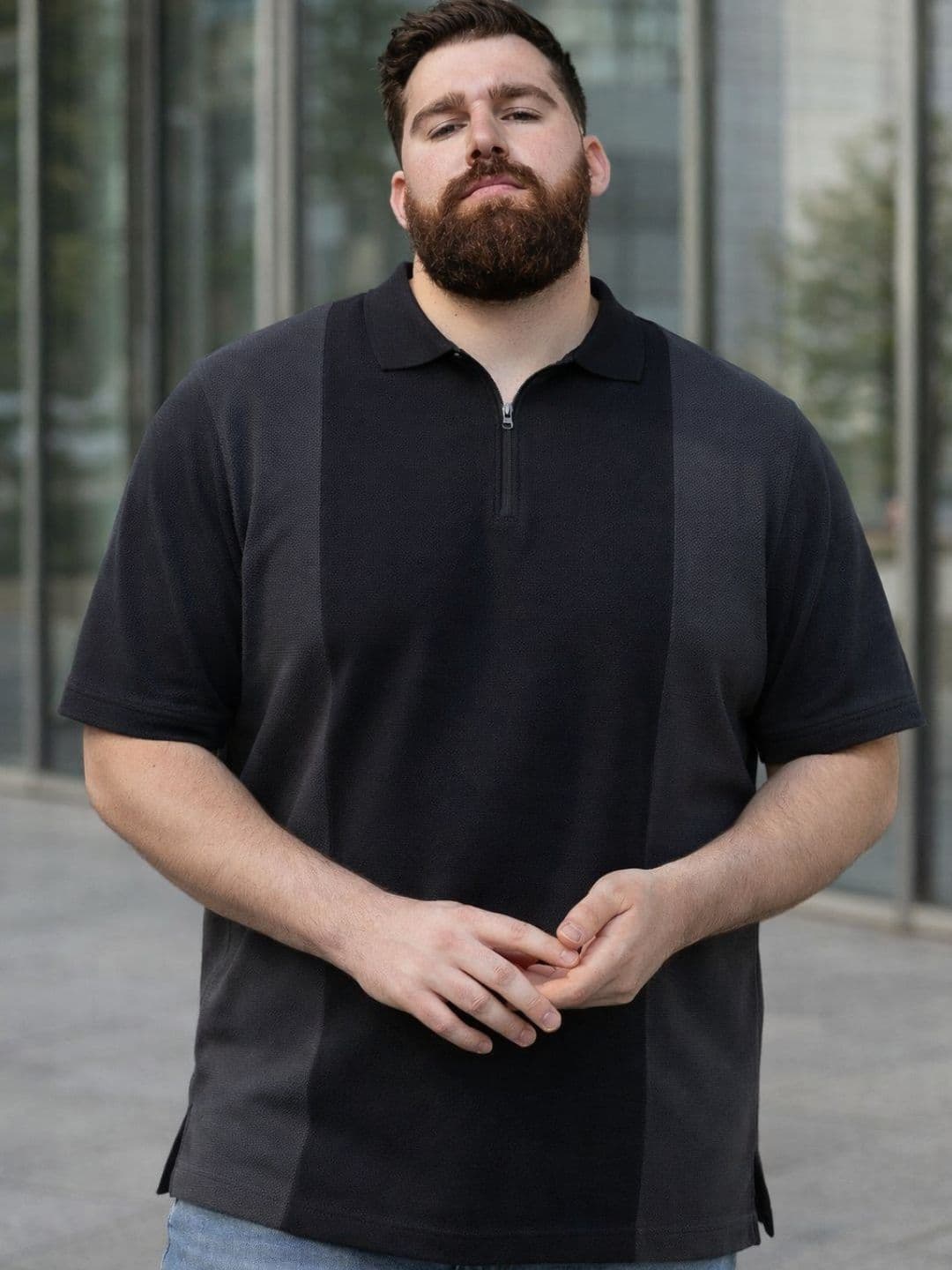 Sztori Men Plus Size Black Polo Collar Colourblocked Cotton Half Sleeve Zipper T-shirt - view 1
