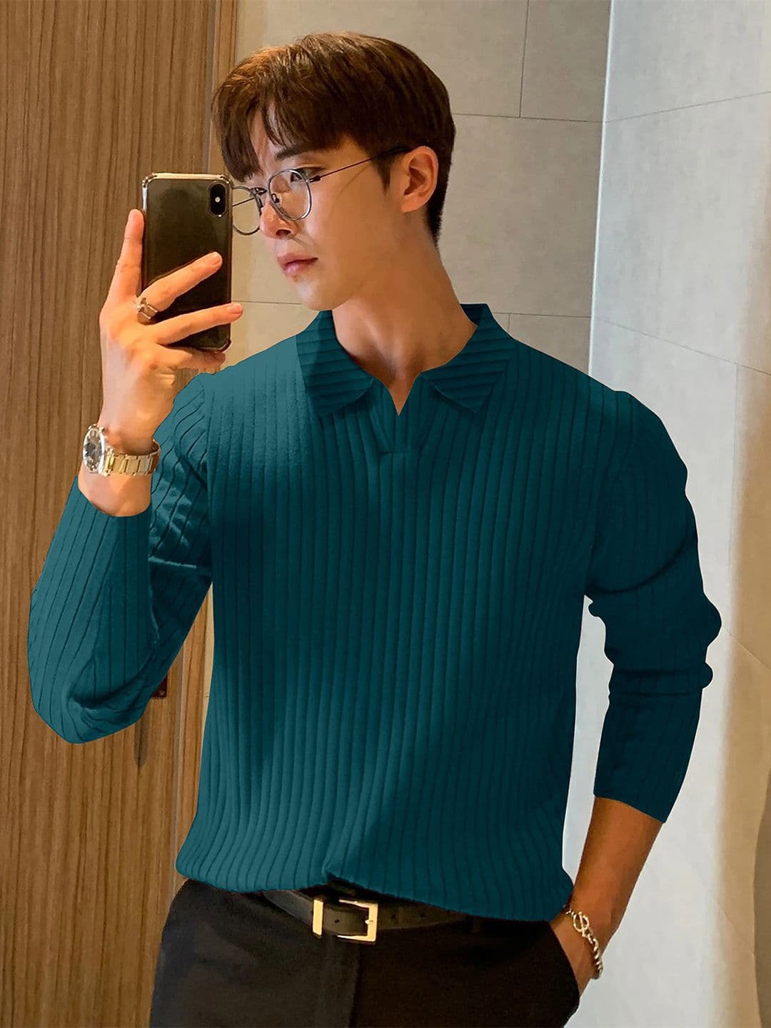 MODALEN Men Textured Polo V Neck Collar Tshirts - view 1