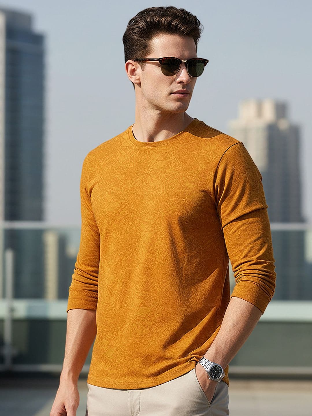 Urbano Fashion Men Mustard Yellow Printed Slim Fit Pure Cotton T-shirt - view 1