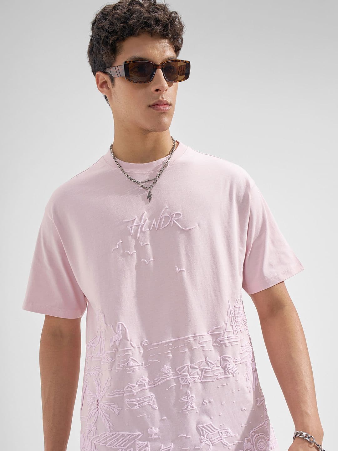 HIGHLANDER Men Relaxed Fit Pink Round Neck Half Sleeve Drop Shoulder Self Design Tshirts - view 1