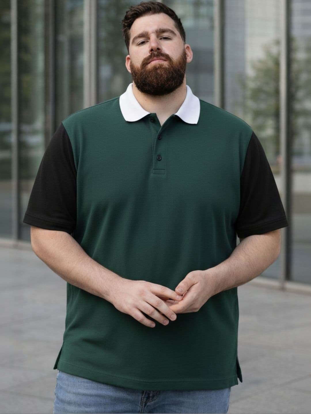 HERE&NOW Men Plus size Green Colourblock Polo Neck Half Sleeve Cotton T-Shirt - view 1