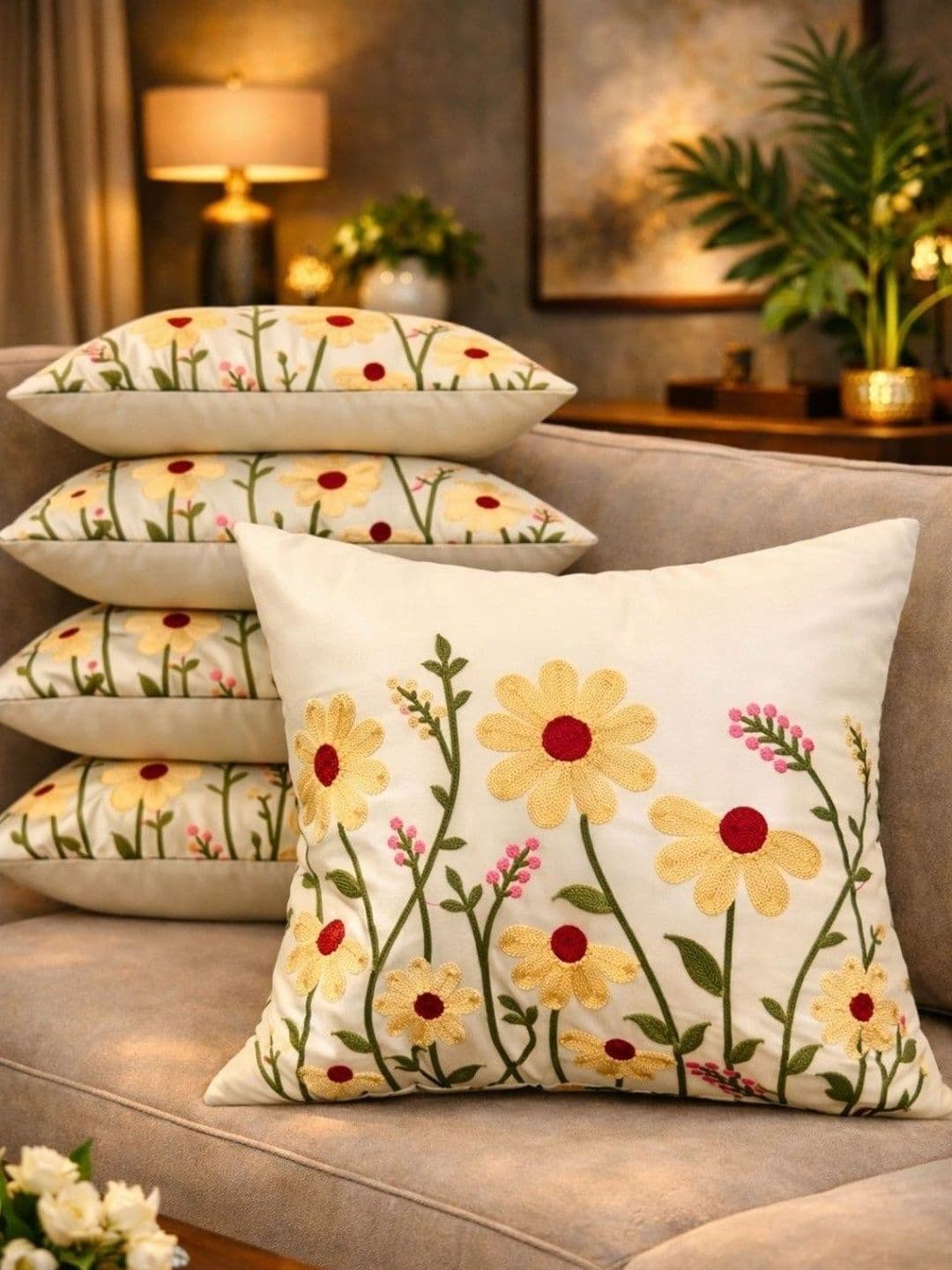 LOFEY Cream-Coloured Set of 5 Embroidered Satin Square Cushion Covers - view 1