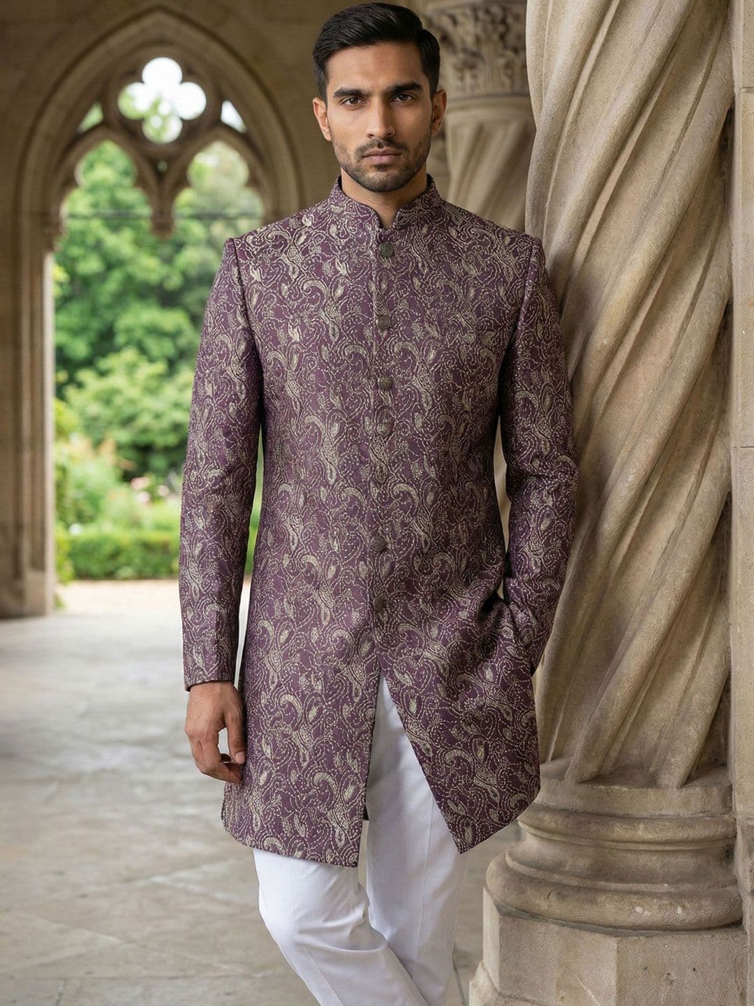Jompers Self Design Mandarin Collar Sherwani - view 1