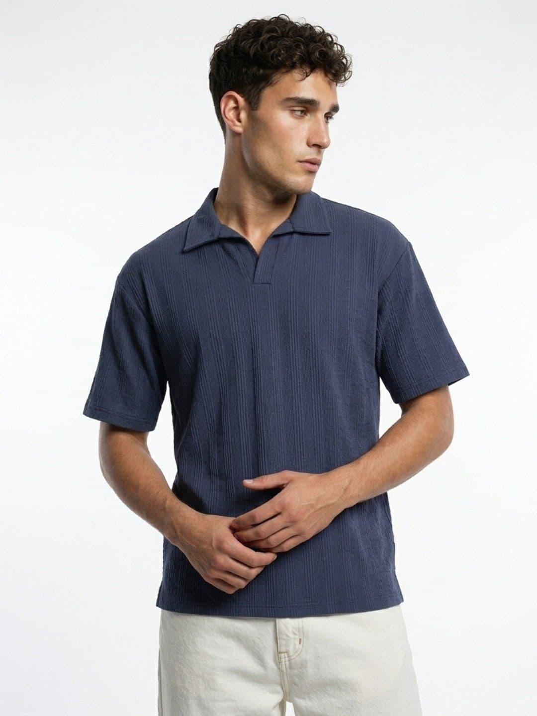 glitchez Textured Polo Collar Drop-Shoulder Sleeves Relaxed Fit T-shirt - view 1