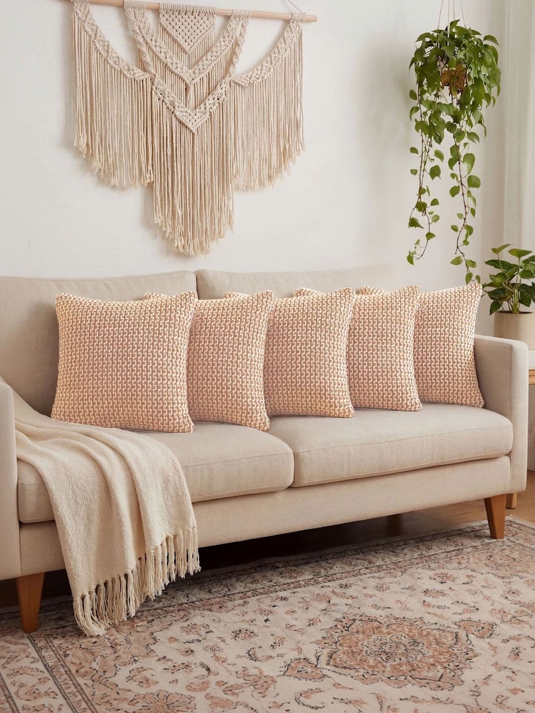 KLOTTHE 5 Pieces Peach Woven Design Pure Cotton Washable Square Cushion Covers - view 1