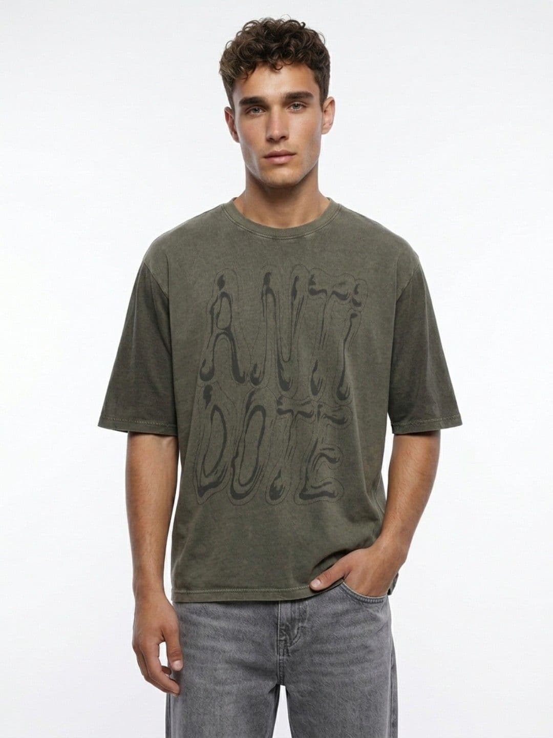 glitchez Typography Overdyed Drop-Shoulder Sleeves Oversized Pure Cotton T-shirt - view 1