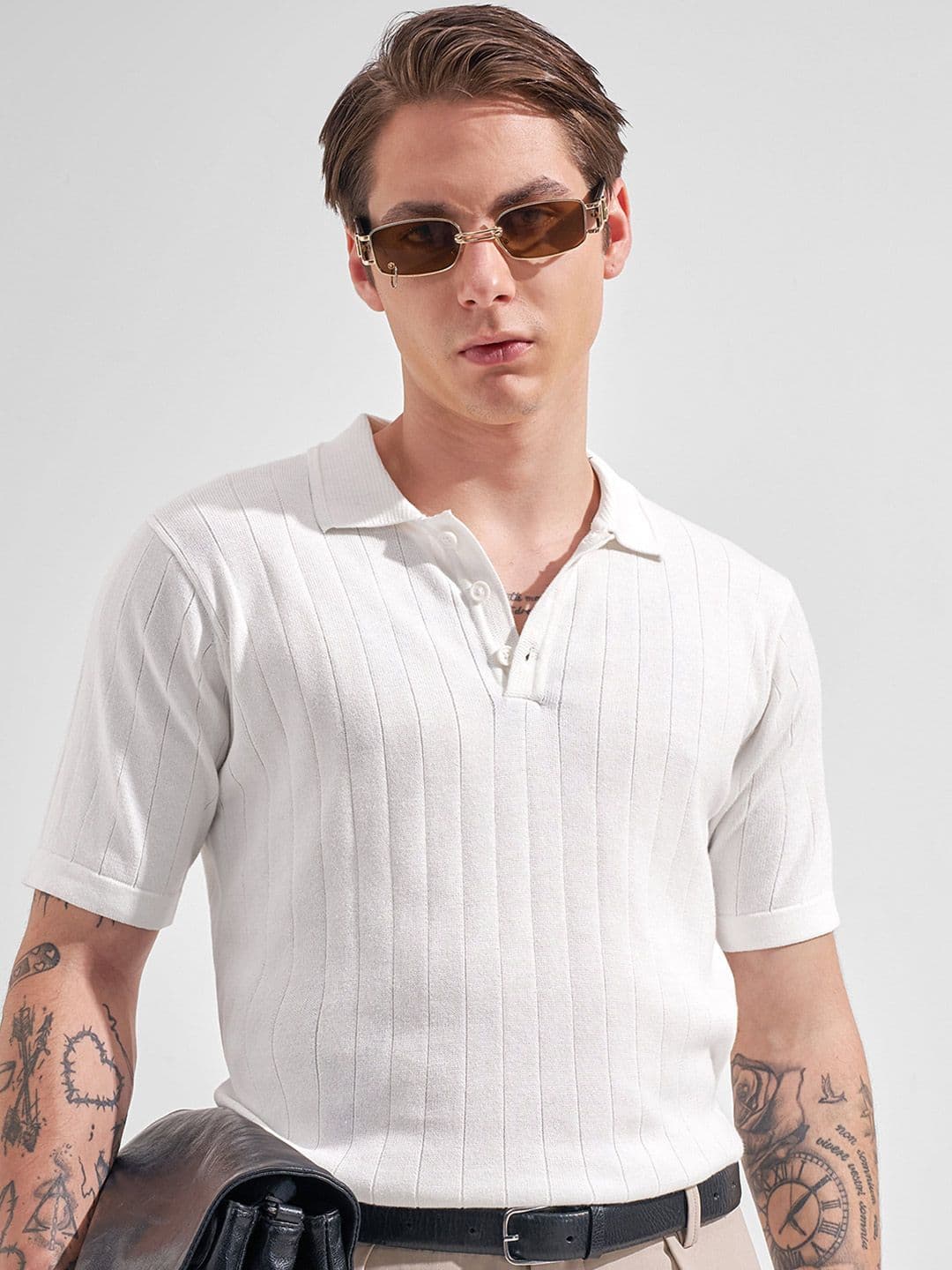 HIGHLANDER Men Relaxed Fit White Round Neck Half Sleeve Drop Shoulder Self Design Tshirts - view 1