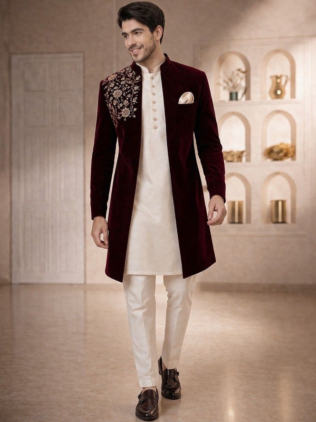 House of Pataudi Embroidered Mandarin Collar Sherwani Set - view 1
