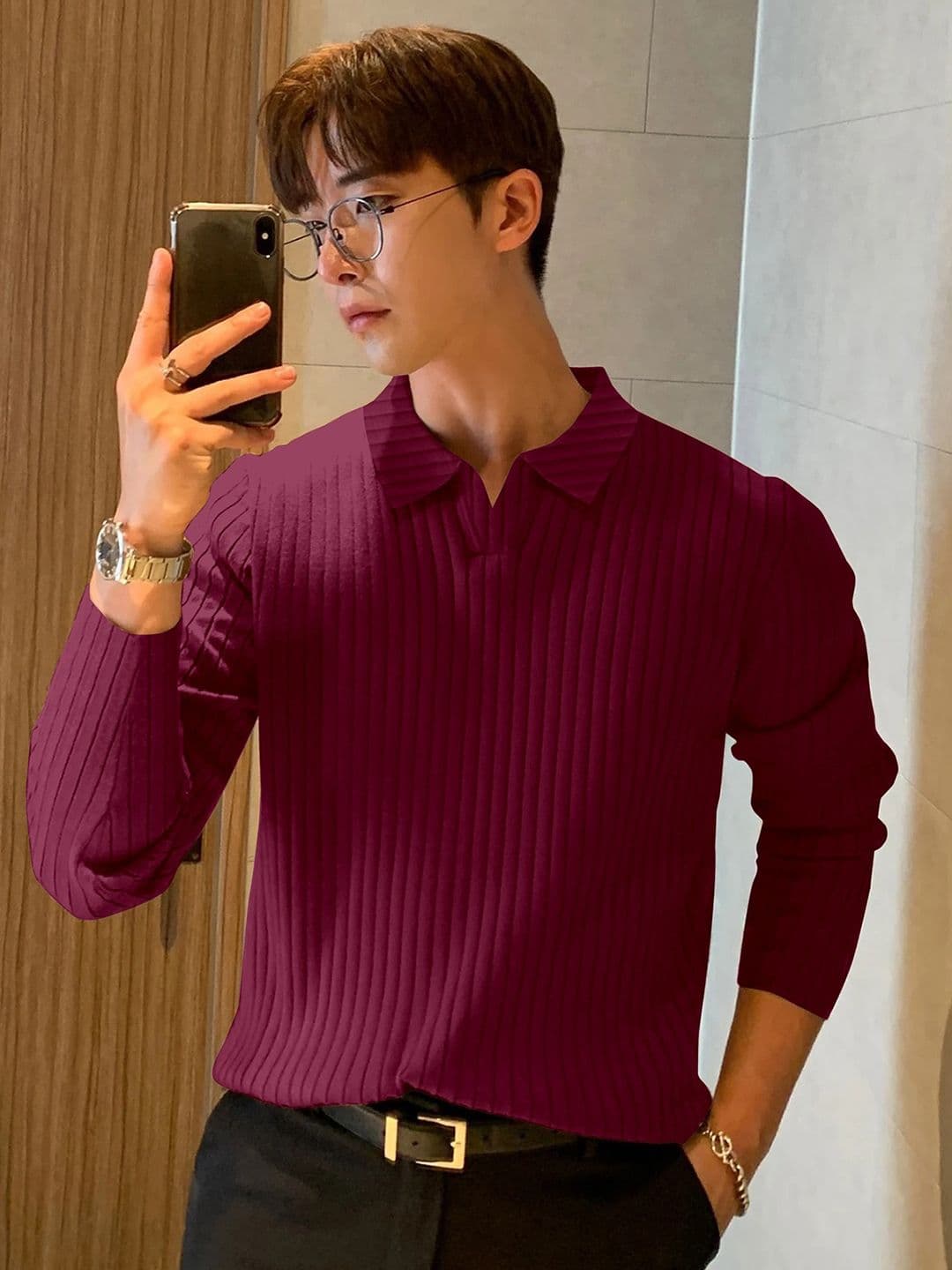 MODALEN Men Textured Polo V Neck Collar Tshirts - view 1