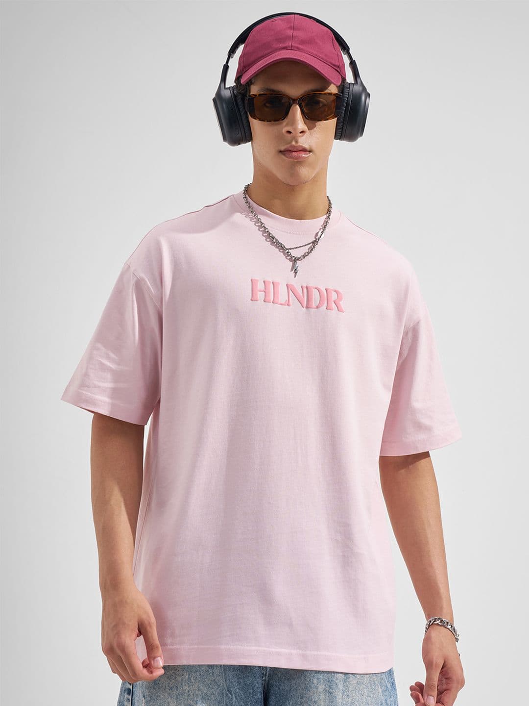 HIGHLANDER Men Oversized Pink Round Neck Half Sleeve Drop Shoulder Graphic Tshirts - view 1