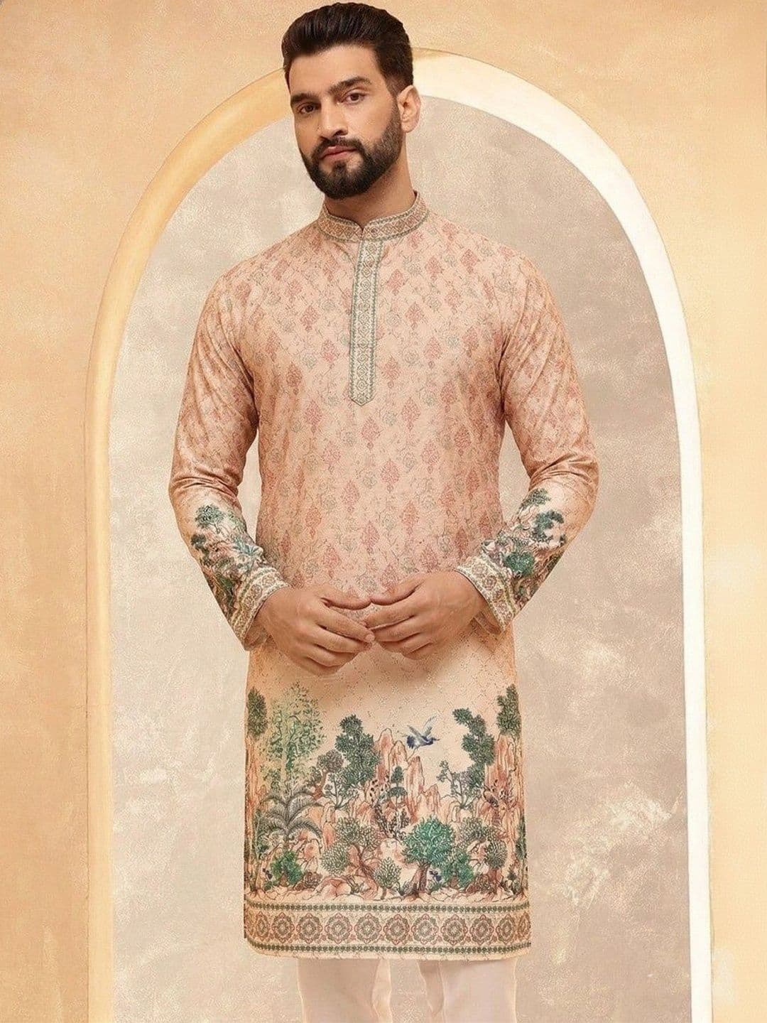 VELKYNOX Men Ethnic Motifs Printed Sequinned Floral Kurta - view 1