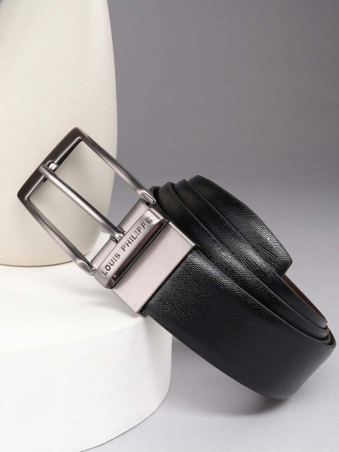 Louis Philippe Men Italian Leather Brush Gun Metal Buckle Formal Reversible Belt - view 1