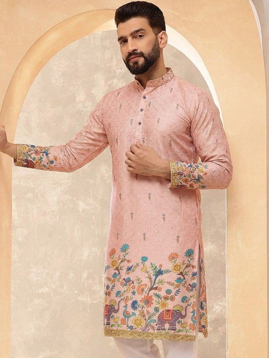 VELKYNOX Men Ethnic Motifs Printed Sequinned Floral Kurta - view 1