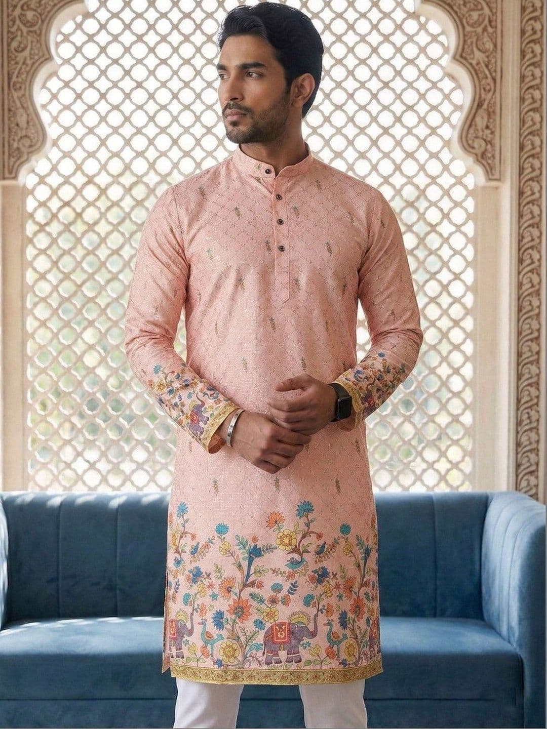 Dincharya Men Ethnic Motifs Printed Sequinned Floral Kurta - view 1