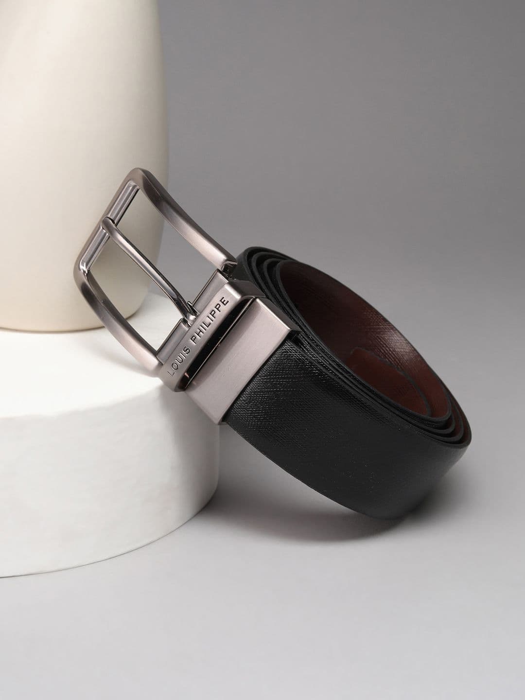 Louis Philippe Men Italian Leather Shiny Nickel Buckle Formal Reversible Belt - view 1